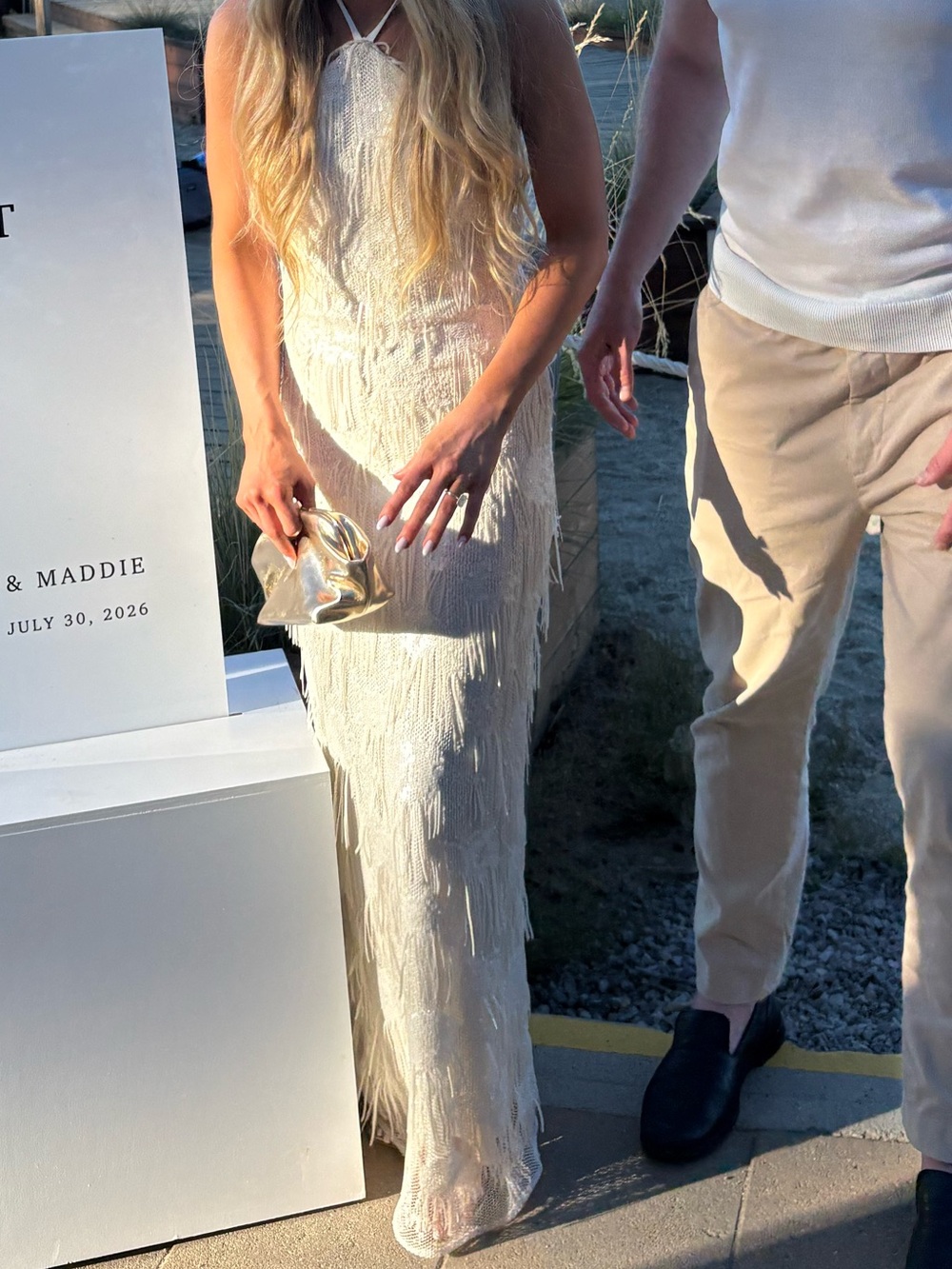 Show Me Your MuMu Cream Sequin Feather-Trim Maxi Dress.